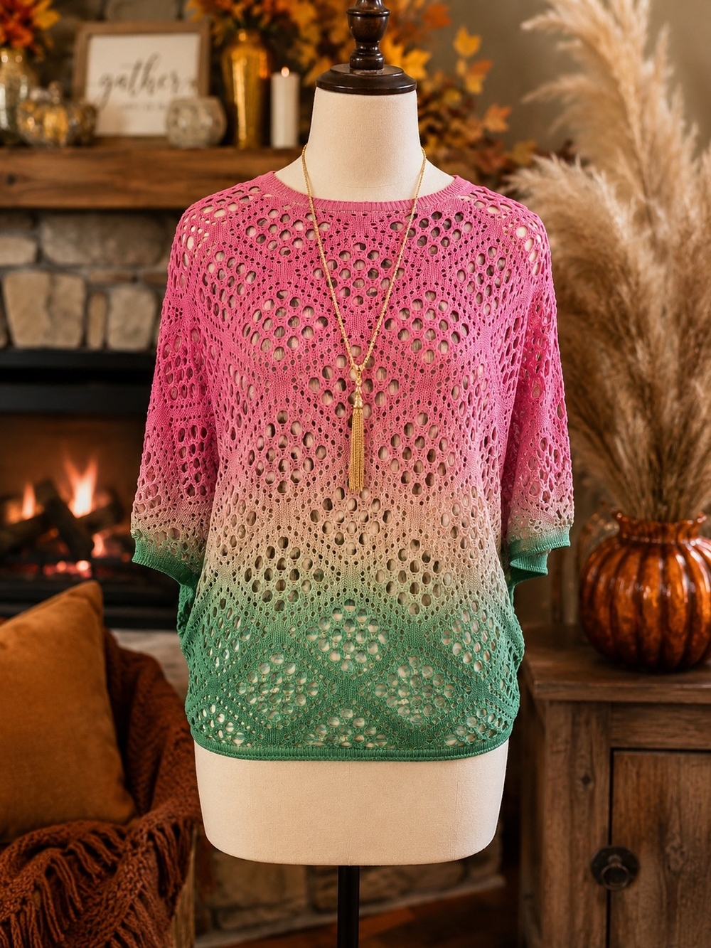Pink to Green Ombre Open-Knit Sweater Top - Women